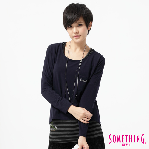 SOMETHING 貼袋鋁片兩件式T恤-女-黑藍色