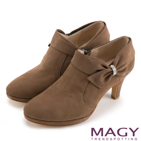 magy 复古甜心 高质感环钻蝴蝶结牛皮高跟鞋-可可