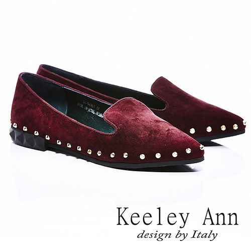 Keeley Ann 全真皮個性金屬鉚釘滾邊尖頭平底鞋(酒紅)【ANGEL系列465626157】