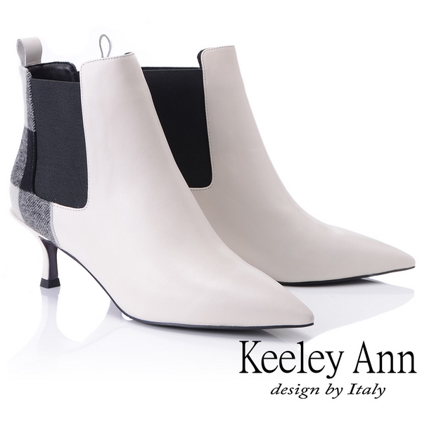 Keeley Ann時尚潮流~經典格紋拼接皮革尖頭貓跟短靴(米白色877637232-Ann系列)