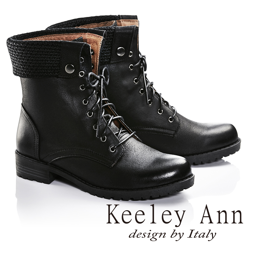 Keeley Ann率性街頭反摺真皮中筒靴(黑色677032110-Ann系列)