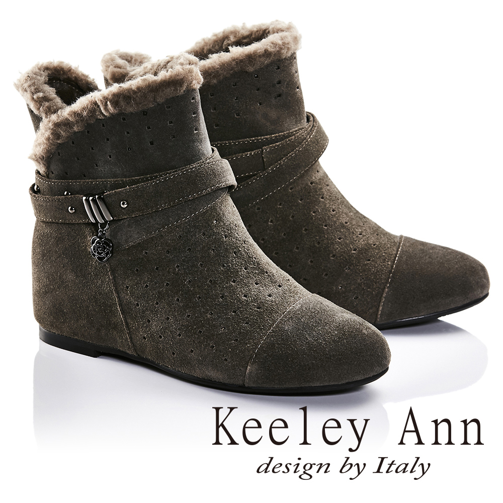 Keeley Ann異國情懷-絨毛滾邊皮帶環釦造型真皮內增高短靴(豆沙色687078177)