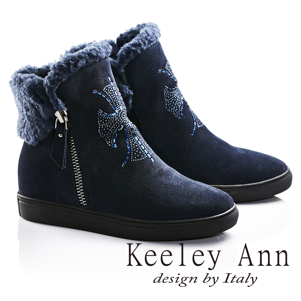 Keeley Ann異國情懷-絨毛滾邊十字架水鑽設計真皮內增高短靴(藍色687078260)