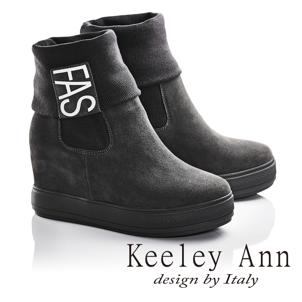 Keeley Ann韓系精選-學院風反摺襪套真皮內增高休閒厚底短靴(灰色687158280)
