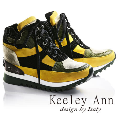 Keeley Ann帥氣拼接星星綁帶全真皮內增高休閒鞋(軍綠黃色676692205-Ann系列)