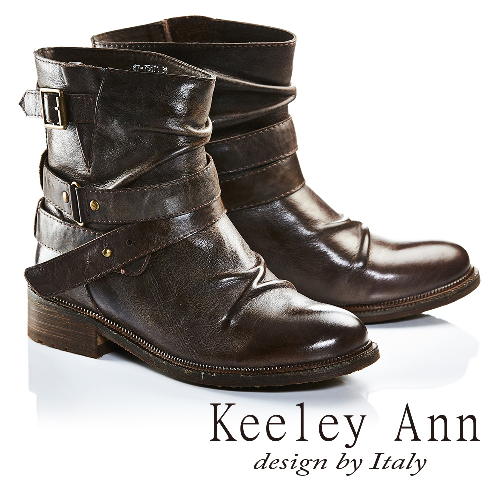 Keeley Ann簡約百搭腰帶仿舊皺褶真皮機車短靴(咖啡色677557170-Ann系列)