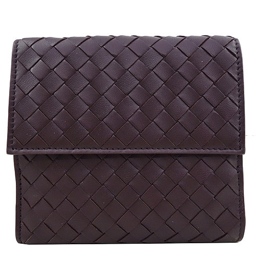 BOTTEGA VENETA 純手工小羊皮編織雙折中夾-咖啡紅