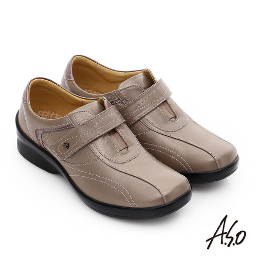 A.S.O 3E寬楦 全真皮金箔流線型魔鬼氈休閒鞋(卡其)