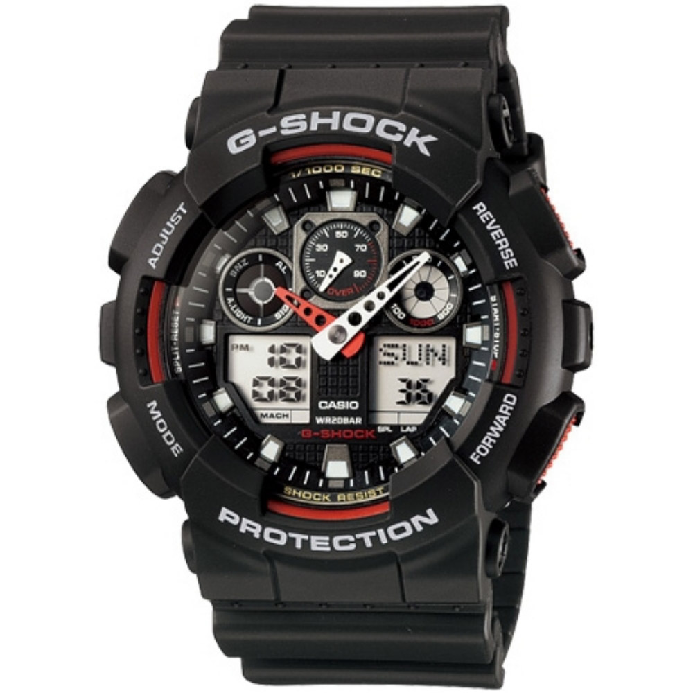 G-SHOCK 重型機械感立體3D錶盤雙顯腕錶-黑x紅(GA-100-1A4)