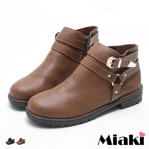 【Miaki】MIT 短靴首爾率性金屬雙釦圓頭低底包鞋 (棕色 / 黑色)