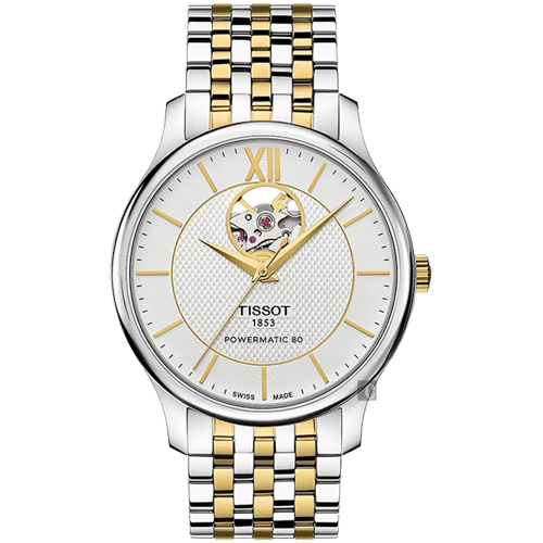 TISSOT 天梭 Tradition 80小時動力鏤空機械腕錶-銀x雙色/40mm T0639072203800