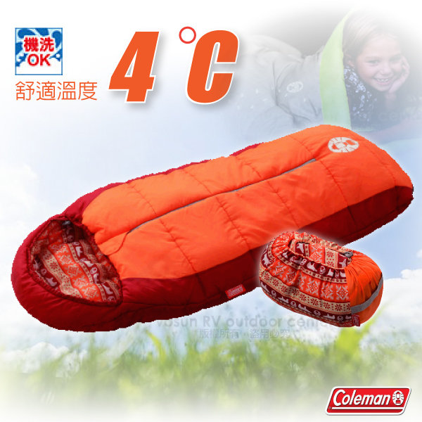 【美國 Coleman】C4 2段可調式化纖睡袋4度C(可耐寒至-1℃/溫度調節).輕量化纖睡袋/可機洗.可當棉被/附收納袋/CM-27271 橘