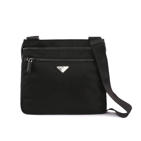 【PRADA】三角牌雙拉鏈+釦子尼龍斜背包(厚款)(黑色 )