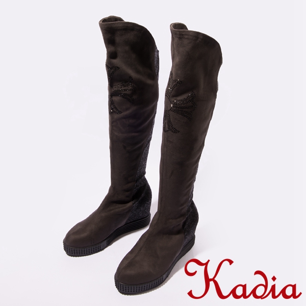 kadia.柔軟拼接絨布閃亮鑽飾點綴長靴(咖啡色)