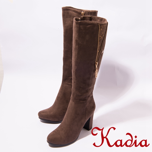 kadia.柔軟絨布拉鍊鑽飾點綴長靴(咖啡色)