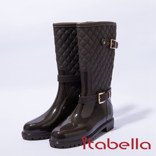 itabella.雨天首選金屬雙扣鐶中筒雨靴(咖啡色)