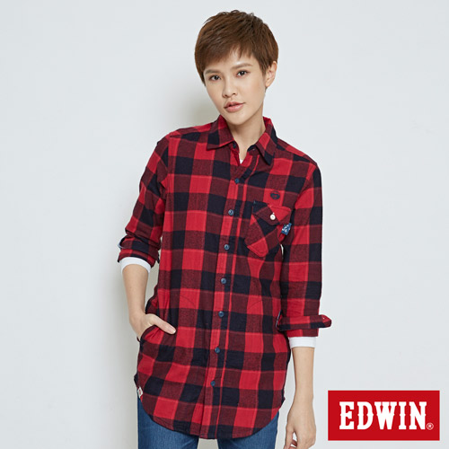 EDWIN 江戶勝長版格紋襯衫-中性-紅色