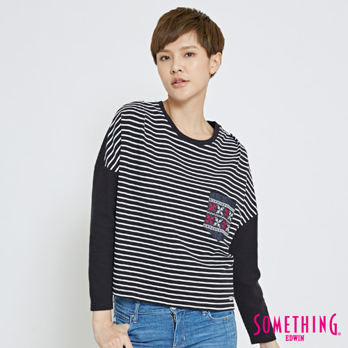 SOMETHING 寬鬆立體條紋圓領T恤-女-黑色