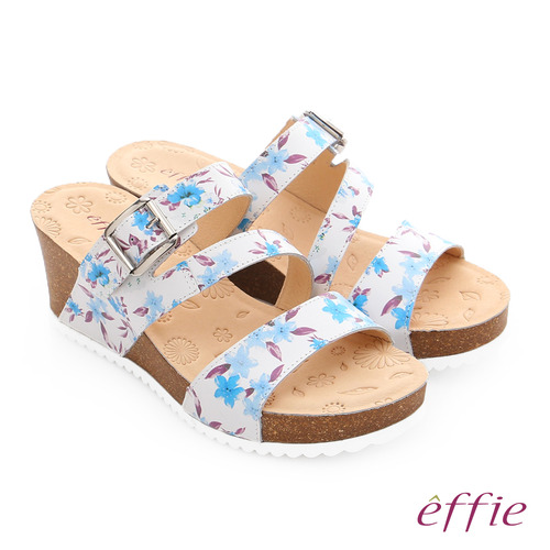 effie 嬉皮假期 真皮彩色繽紛印花厚底涼拖鞋(淺藍)