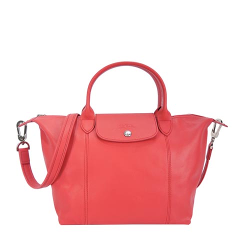 LONGCHAMP Le Pliage Cuir 小羊皮短把折疊小型水餃包(小/牡丹紅)