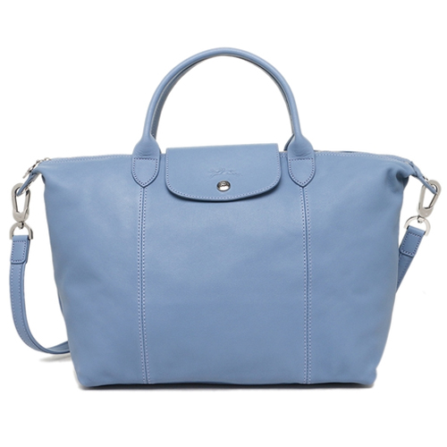 LONGCHAMP Le Pliage Cuir 小羊皮短把折疊小型水餃包(中/粉藍)