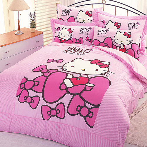 【享夢城堡】HELLO KITTY 蝴蝶結系列-精梳棉單人床包薄被套組(粉)
