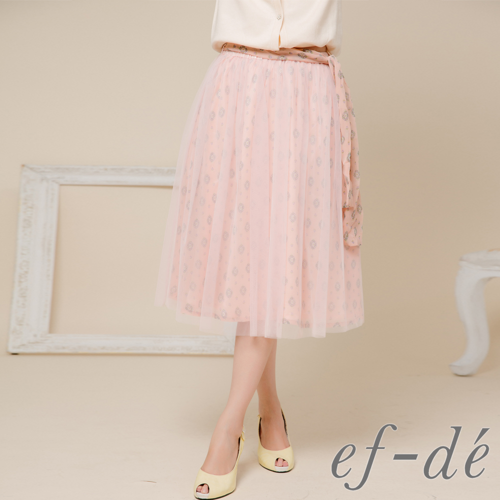ef-de 民俗風菱紋綁帶網紗鬆緊腰半身裙(粉紅)