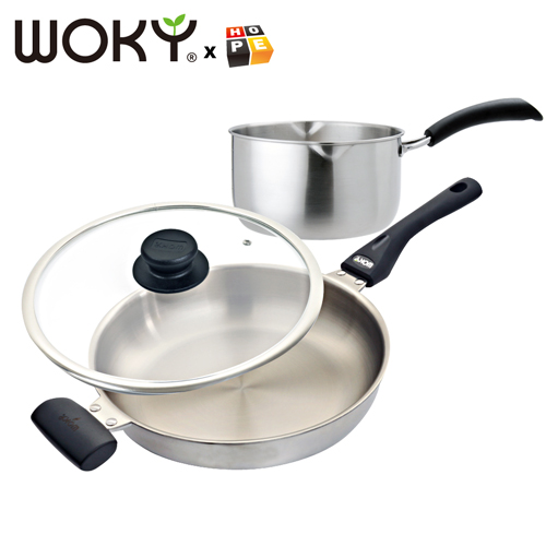 【WOKY沃廚】超合金系列-專利不鏽鋼30CM平底鍋+【HOPE歐普】厚食系列-頂級316不鏽鋼雪平鍋18CM