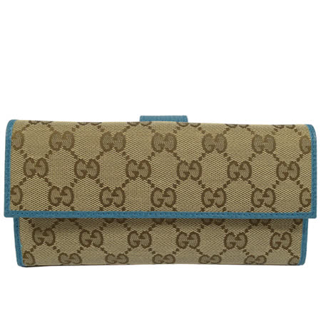 GUCCI 經典雙G緹花皮飾邊扣式長夾.駝/綠