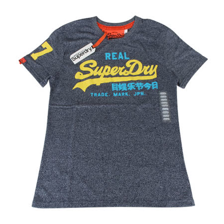Superdry極度乾燥 經典字母LOGO造型棉質短袖T恤(S/M/海軍藍底黃字)