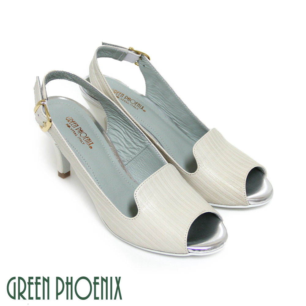 【GREEN PHOENIX】BIS-VITAL 俐落直條壓凸紋金屬扣繞踝義大利羊皮魚口高跟涼鞋