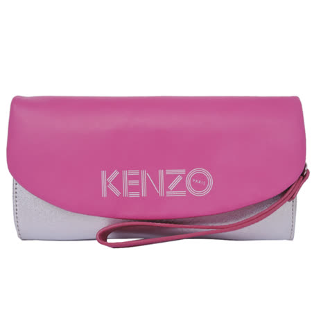 KENZO 雙色皮革翻蓋長夾(粉銀 / 附手掛帶)