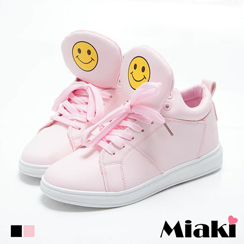【Miaki】慢跑鞋韓妞百搭可愛笑臉內增高綁帶厚底包鞋 (白色 / 粉色)