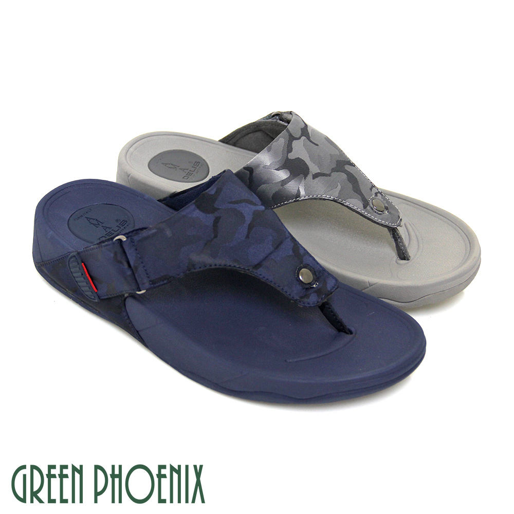 【GREEN PHOENIX】經典迷彩圖騰寬版T字釘扣膠條平底夾腳拖鞋(男款)