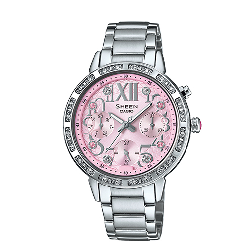 CASIO 卡西歐 SHEEN 三眼造型 水鑽高貴淡雅女錶 SHE-3036D-4A