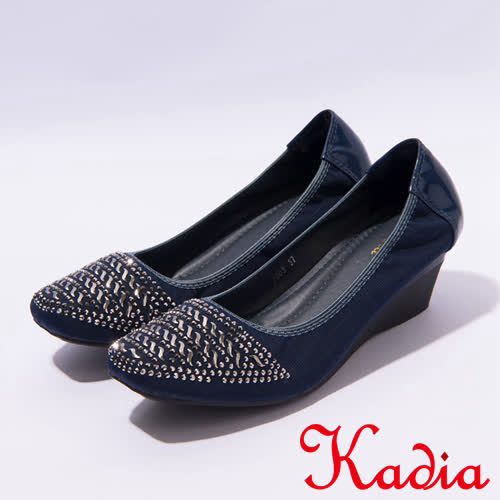 kadia.優雅舒適鑲鑽方頭楔型鞋(7003-58藍)