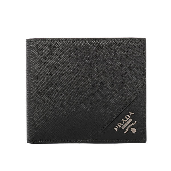 【PRADA】 銀LOGO防刮牛皮 對開 零錢袋 短夾(黑色)