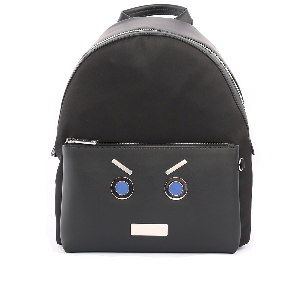 【FENDI】表情圖案皮革+尼龍bag bugs Backpack後背包(黑色)