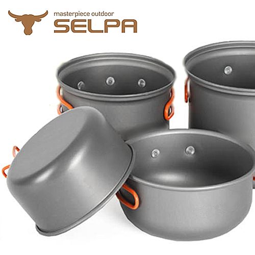 【韓國SELPA】不沾鍋設計輕量鋁合金套鍋四件組+不鏽鋼摺疊餐具三件組X2