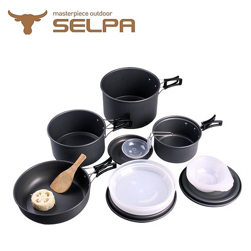 【韓國SELPA】戶外不沾鍋設計鋁合金鍋具家庭豪華組+不鏽鋼摺疊餐具三件組X2