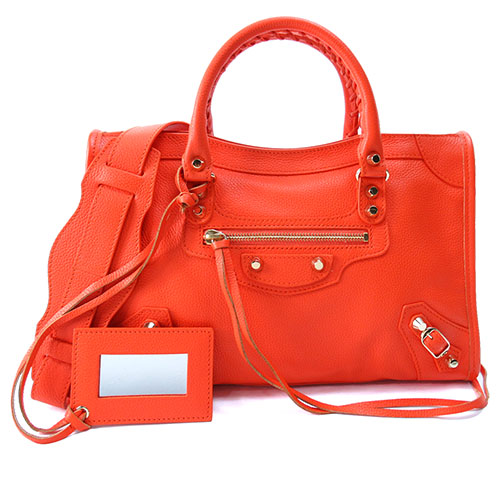 BALENCIAGA巴黎世家Classic Silver City S牛皮小金釦手提/斜背包(橘)