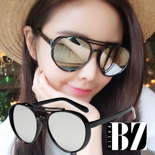【BeLiz】時尚反射*雙線黑圓框墨鏡/銀
