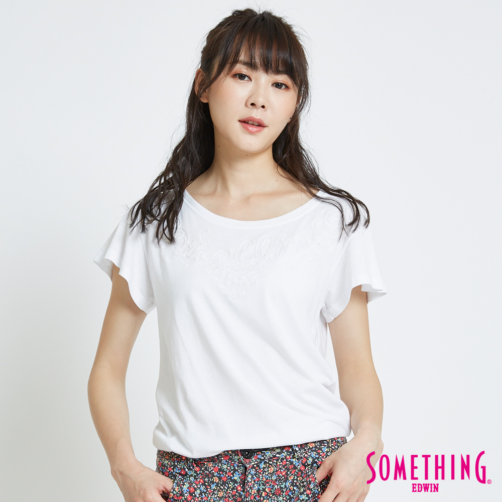 SOMETHING 繩股繡船圓領T恤-女-白色