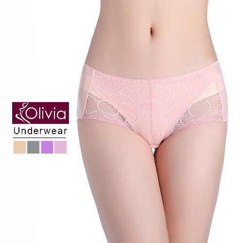 【Olivia】雙色蕾絲棉質中腰防漏生理褲(粉色)