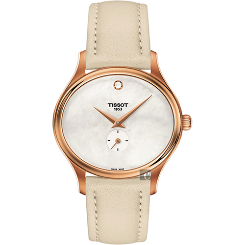TISSOT天梭 BELLA ORA 系列小秒針女錶-珍珠貝x米色/31mm T1033103611100