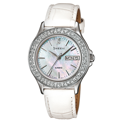 CASIO 卡西歐 SHEEN 施華洛世奇氣質典雅皮錶帶女錶 SHE-4800L-7A