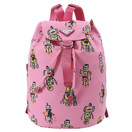 PRADA 機器人印花束口翻蓋後背包(粉紅)