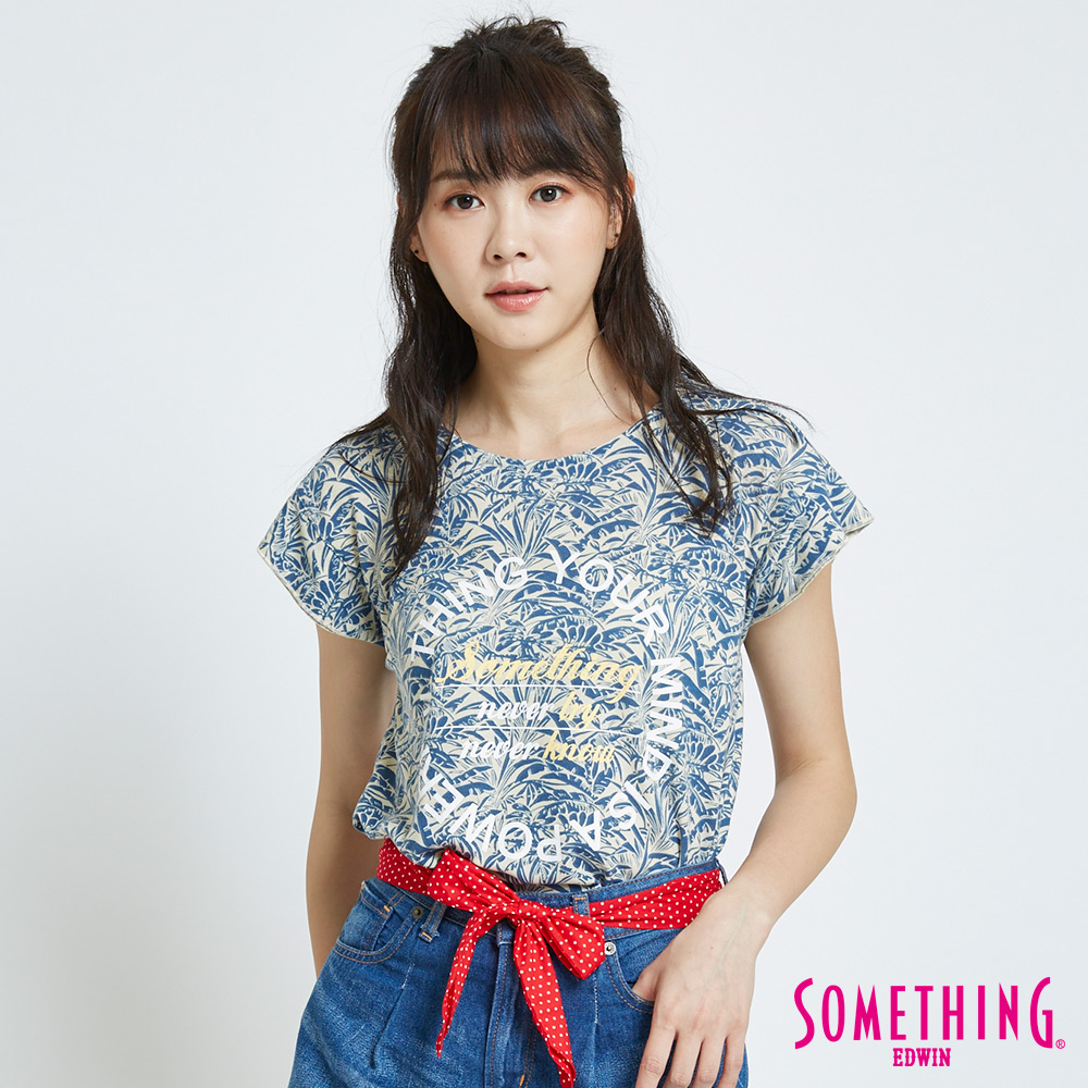 SOMETHING 葉片花卉圓領T恤-女-藍色