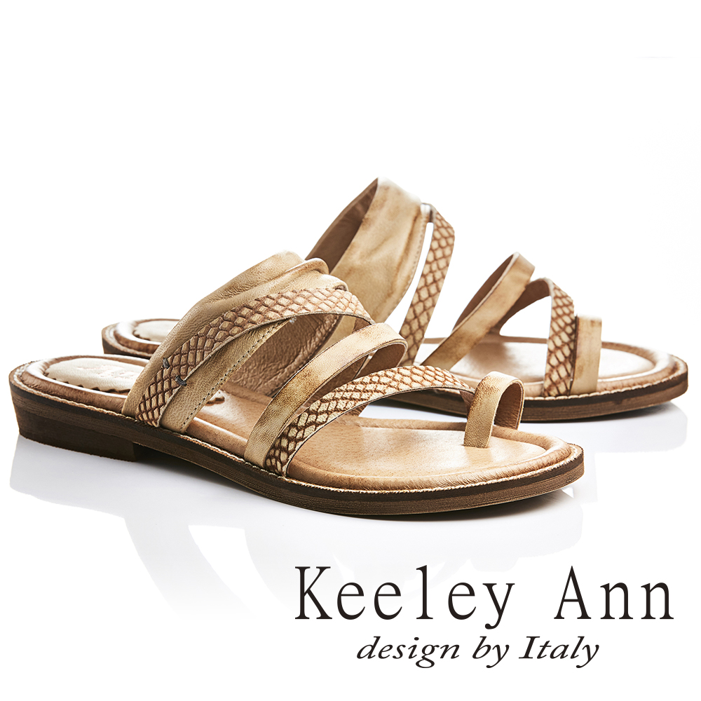 Keeley Ann 民族風質感紋路仿舊擦色全真皮平底拖鞋(土黃色721137124-Ann系列)