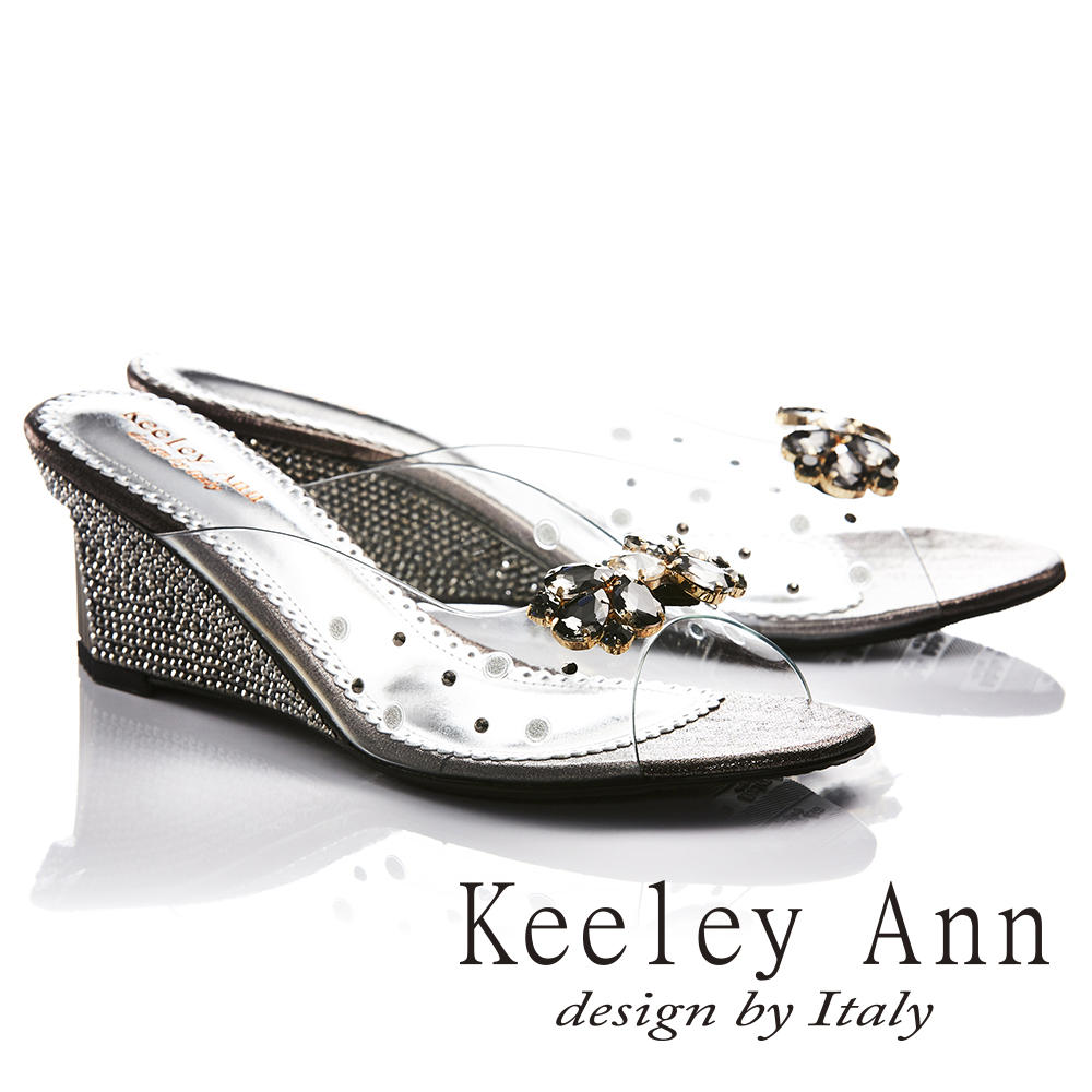Keeley Ann高貴奢華~性感透視風水滴鑲鑽金屬飾釦楔形拖鞋(鐵灰色731003182)